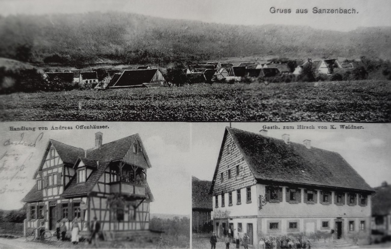 Historische Postkarte „Gruss aus Sanzenbach“ mit Dorfansicht, der Handlung von Andreas Offenhäuser und dem Gasthaus zum Hirsch von K. Weidner