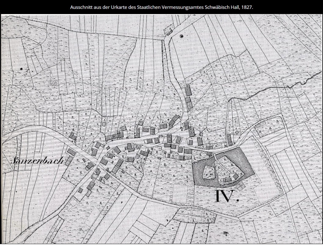 Ausschnitt aus der Urkarte von 1827: Dorf Sanzenbach mit Häusern entlang der Straße und dem Burgweiher