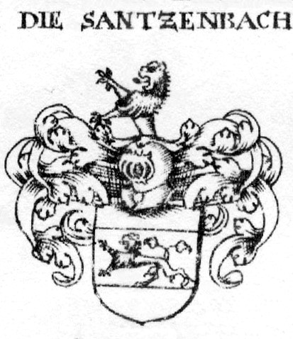 Wappen der Familie Santzenbach aus Siebmachers Wappenbuch: im Schild ein Löwe, als Helmzier ein wachsender Löwe