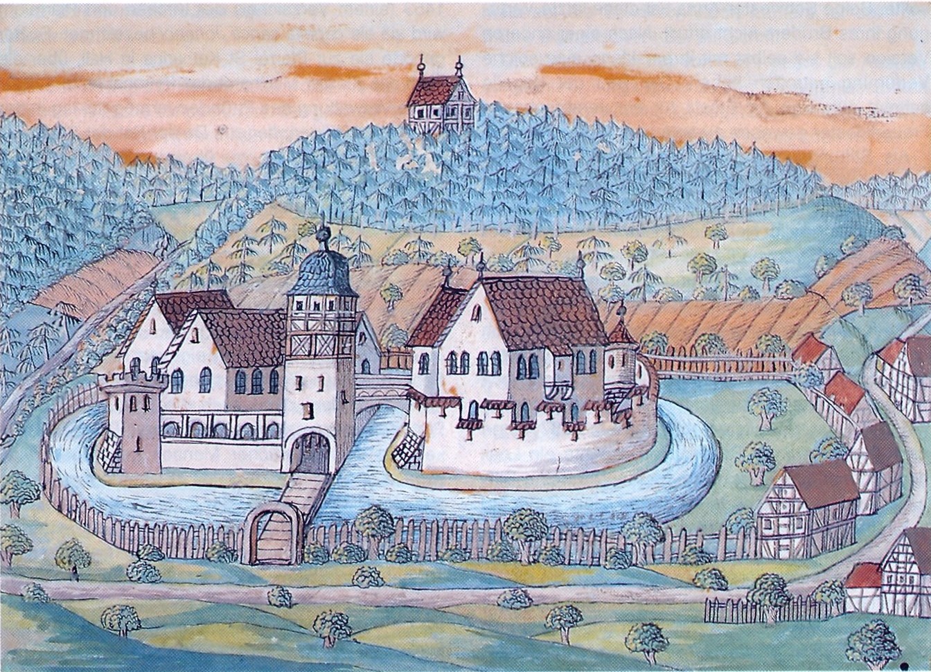 Farbige Zeichnung: Wasserschloss Sanzenbach mit Wassergraben, Kapelle und Fachwerkhäusern, im Hintergrund der Landturm im Wald