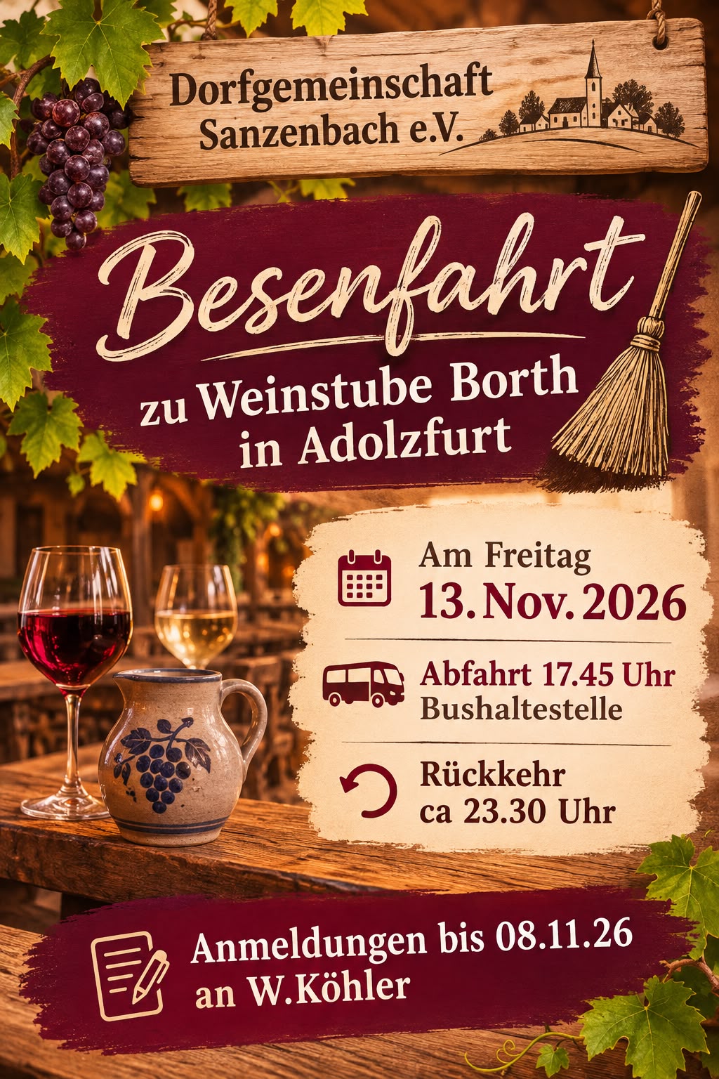 Plakat Besenfahrt zur Weinstube Borth in Adolzfurt am 13.11.2026, Abfahrt 17:45 Uhr an der Bushaltestelle, Anmeldung bis 08.11.2026 bei W. Köhler