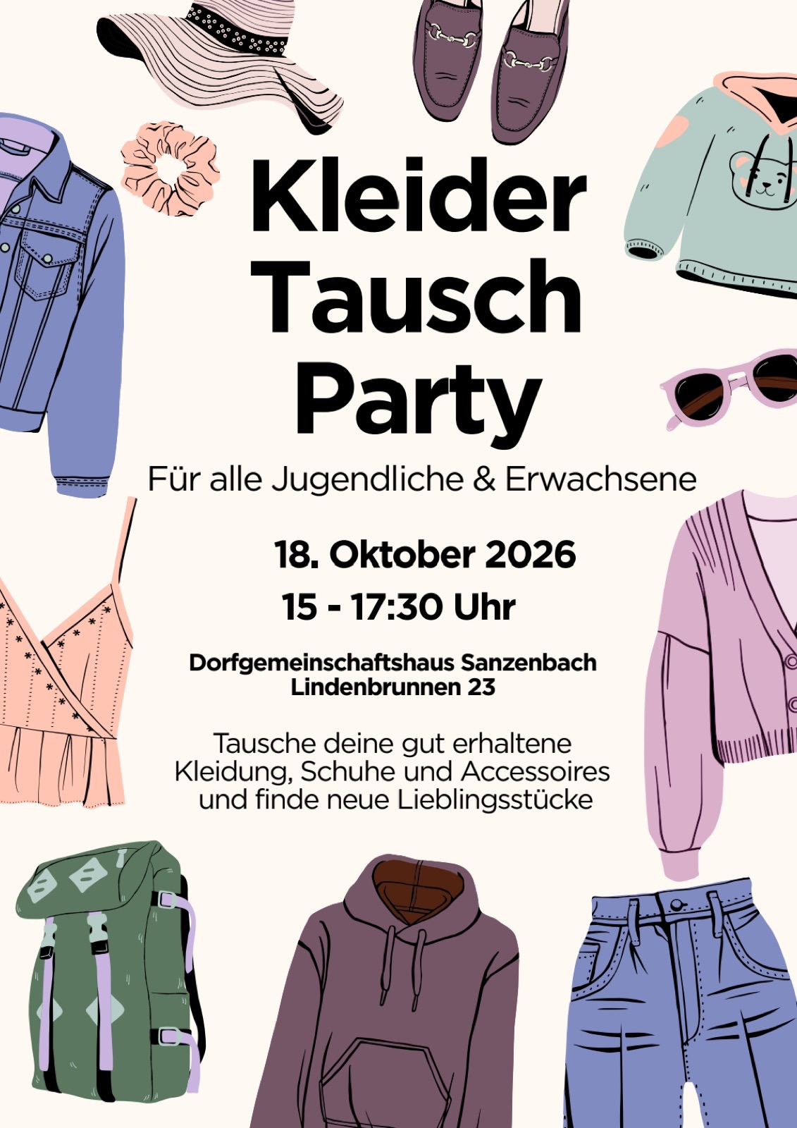 Plakat Kleidertauschparty am 18.10.2026, 15 bis 17:30 Uhr im Dorfgemeinschaftshaus Sanzenbach, Lindenbrunnen 23